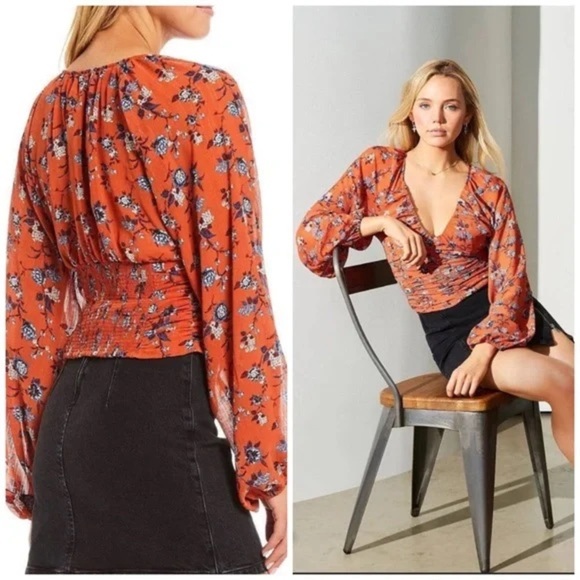 Free People Final Rose Floral Print Deep V-Neck Long Balloon Sleeve Ruched Top M - Picture 9 of 14